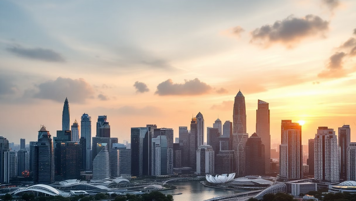Singapore business district skyline at sunset